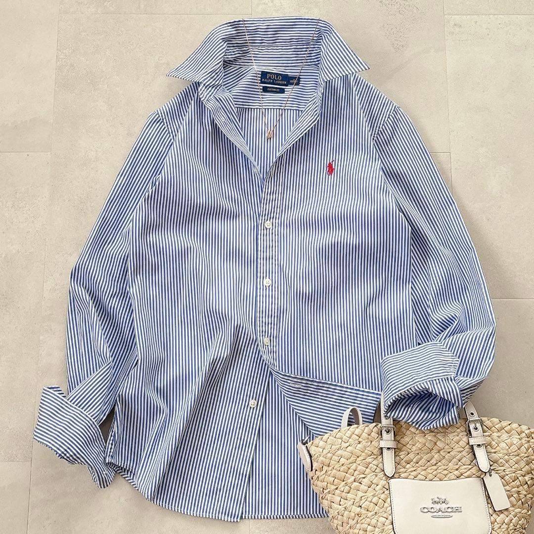 美品 ポロラルフローレン ストライプ ストレッチ シャツ ポニー刺繍