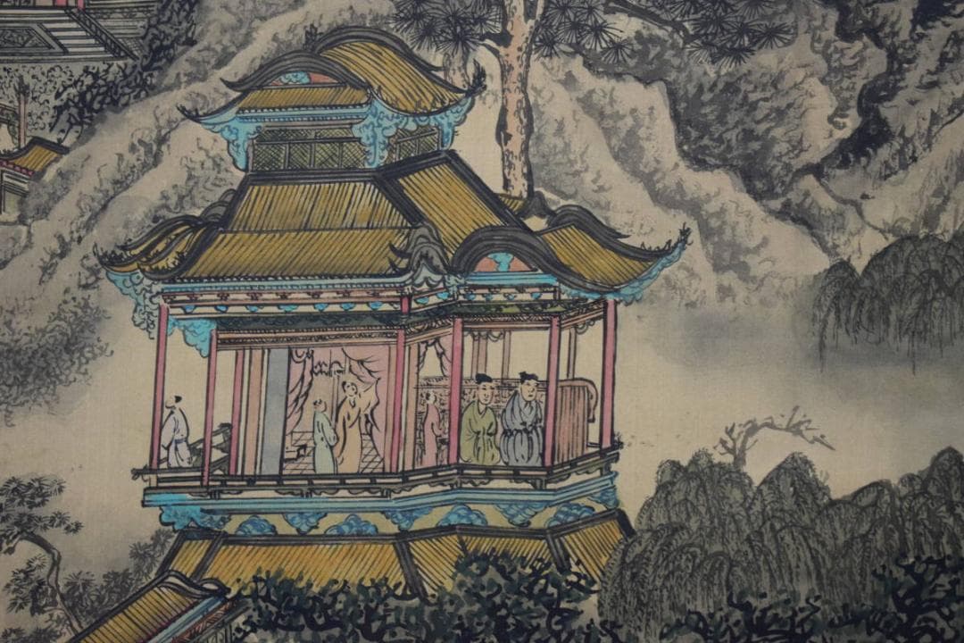 不詳/作者不詳/塔山水人物図/布袋屋掛軸HF-178 真作/籟山/山水漁師人物図/布袋屋掛軸HJ-258