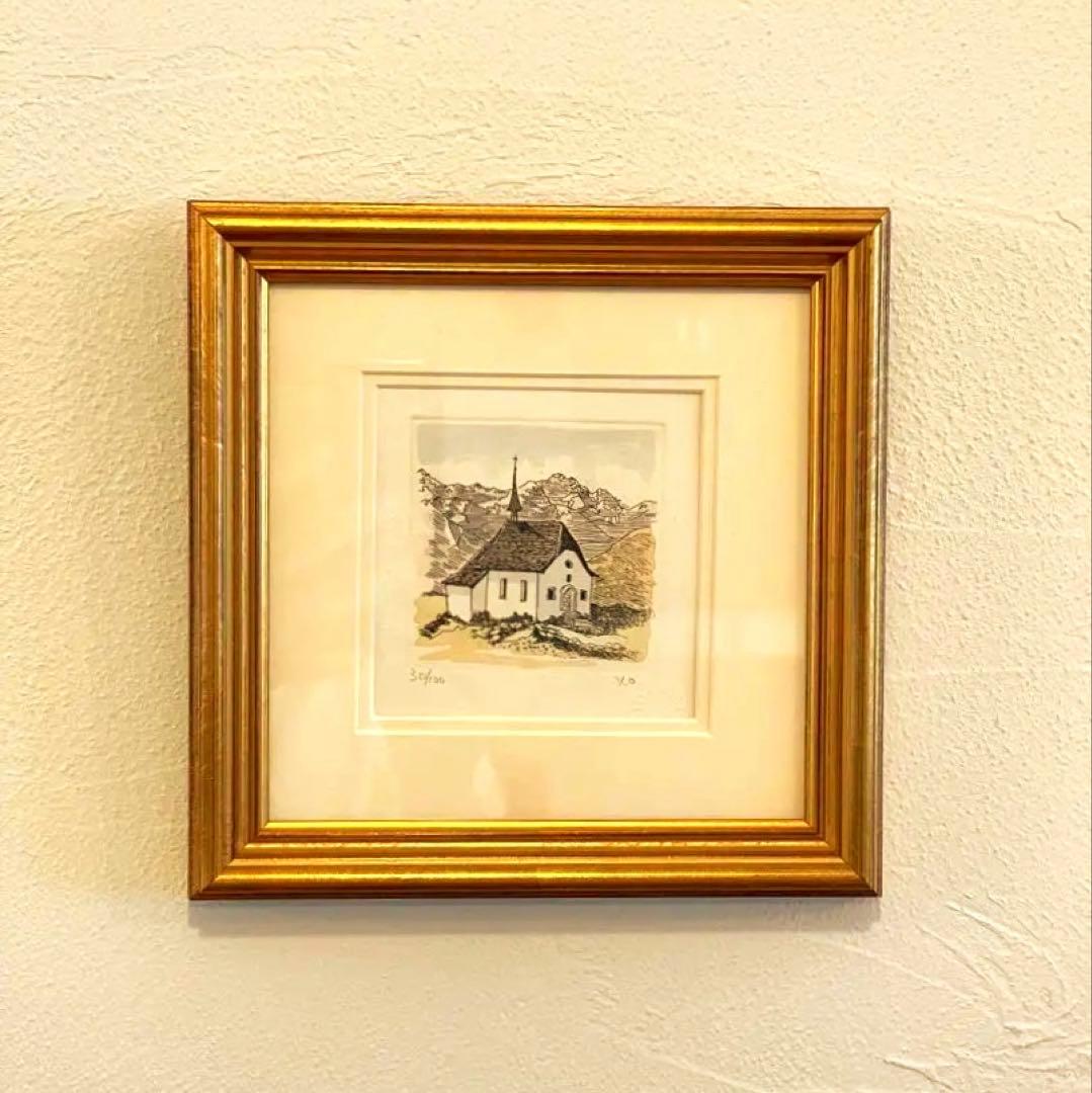 絵画　版画　織田義郎　エッチング　北欧の教会 シリアルナンバー　30/100