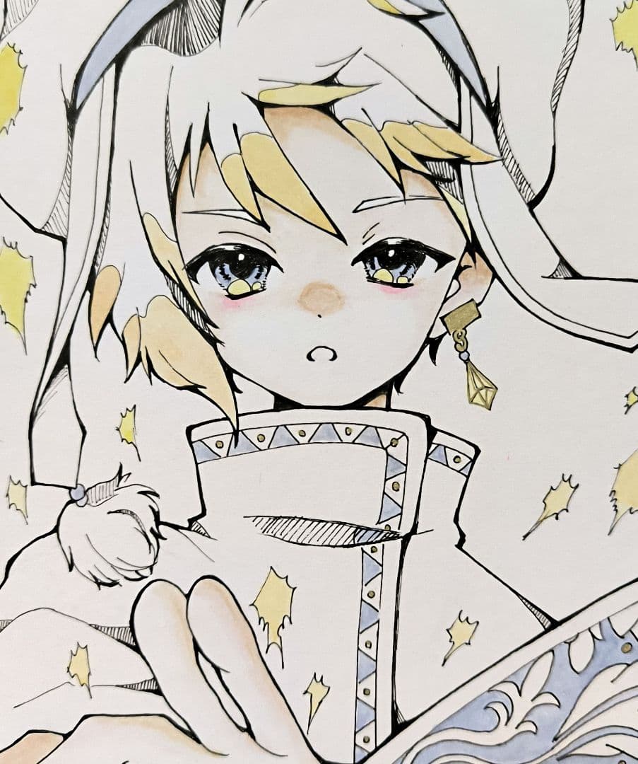 手描きイラスト ヒーラー 少年 僧侶 オリジナル アナログ 色紙 原画