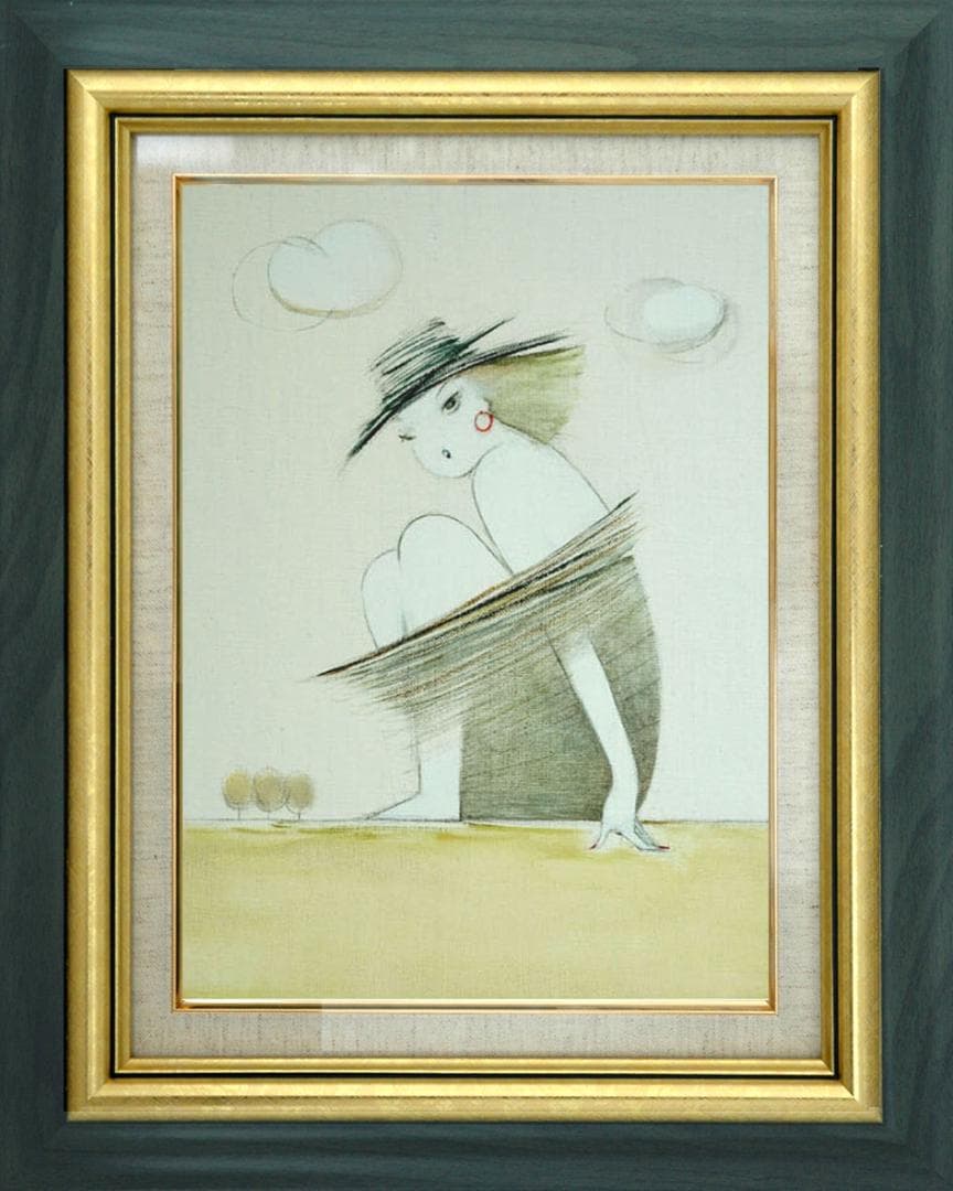 油絵 菅家令子 絵 絵画インテリア額付(青緑＋金色の枠) F3-041014女性