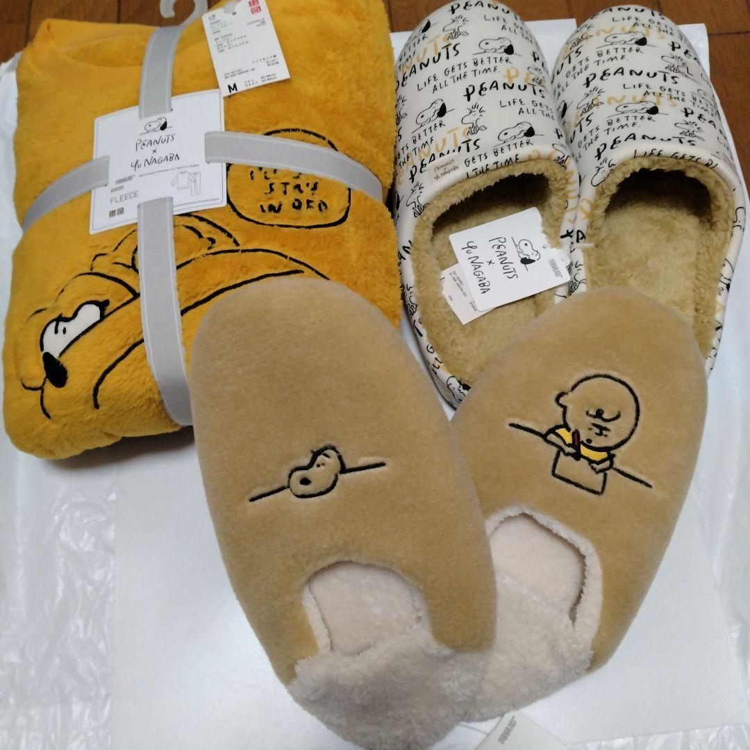 SNOOPY スヌーピー 長場雄 ユニクロ パジャマ　ルームシューズ ユニクロ スヌーピー×Yu NAGABA ルームシューズ スリッパ フリース M