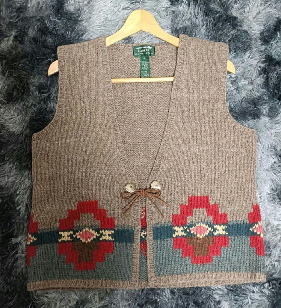 ラルフローレン　90s〜ネイティブ柄ベスト手編み　ウールニット　XL
