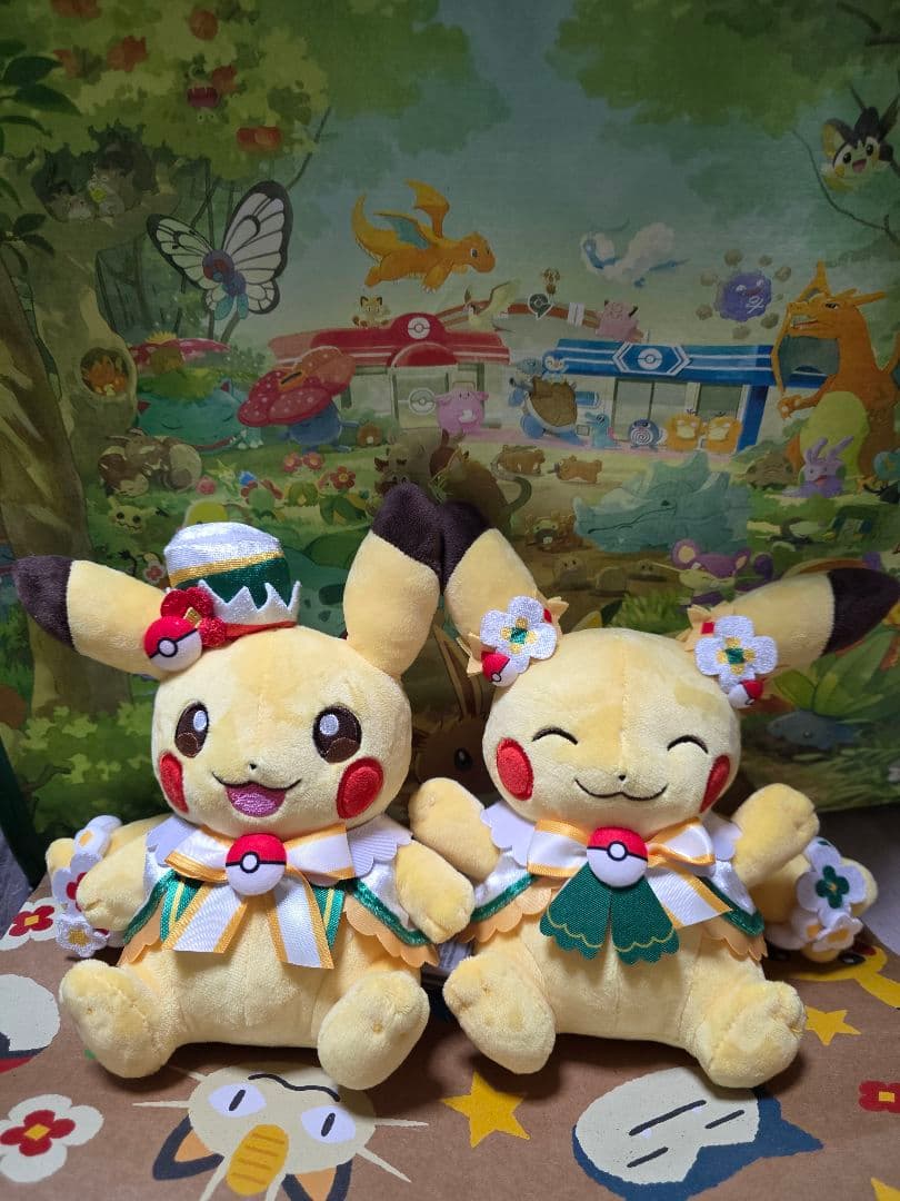 顔◎　ポケパークカントー　限定　カーニバルピカチュウ ぬいぐるみ 2体セット