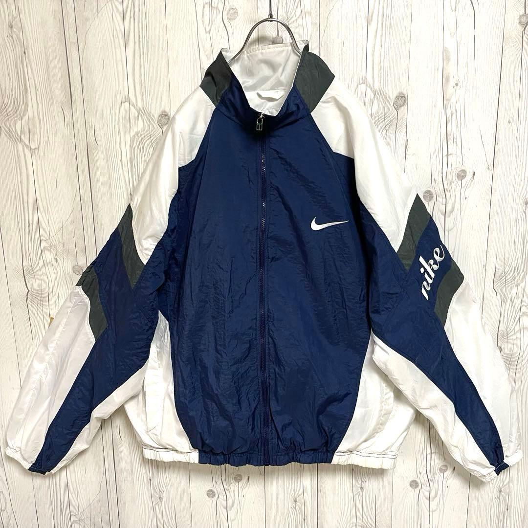 90s白タグNIKEナイキ ナイロンジャケット ビックXXLサイズ 白紺ロゴ