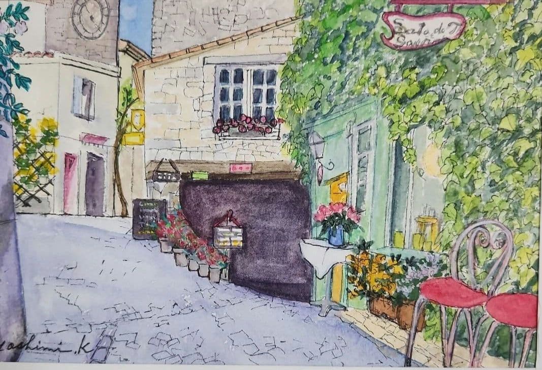 1707 南仏「春のカフェ」B5フレーム入り、水彩画、原画、風景画、絵画