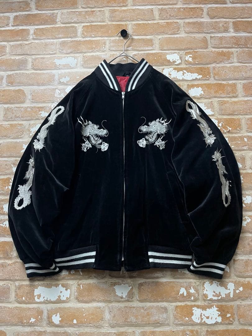 90s スカジャン　ベロア　龍　y2k 日本製　刺繍　黒　キルティング