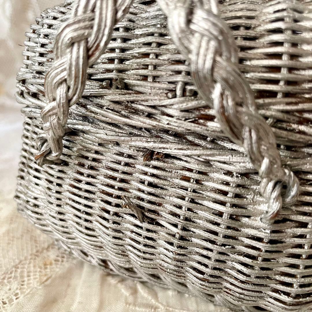 ドールパニエ 銀色 シルバーフランスアンティーク 人形用 ミニカゴ 籠 かご