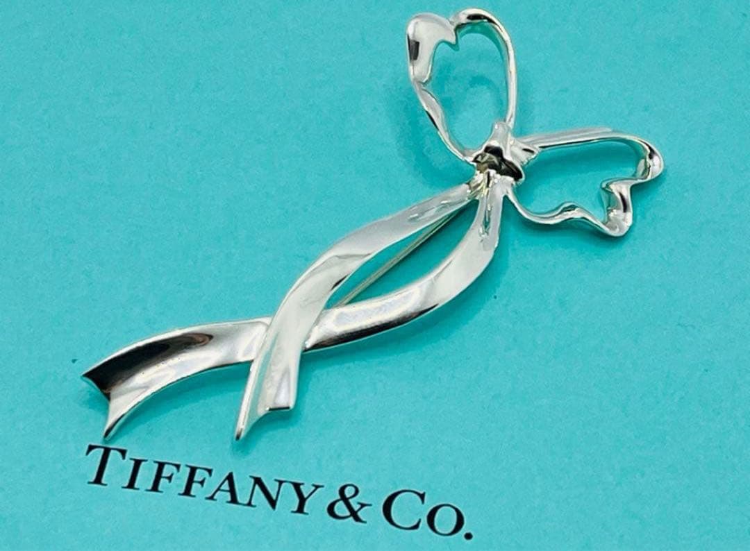 h405 美品　オールドティファニー　リボンボウ　ラージサイズ　ブローチ　925