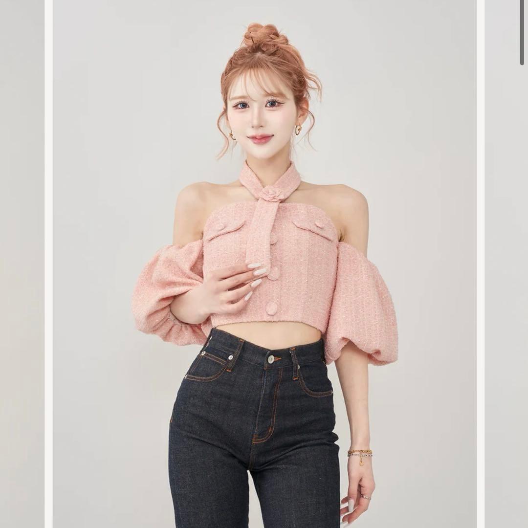 Darich ホルターネックオフショルツイードトップス ピンク