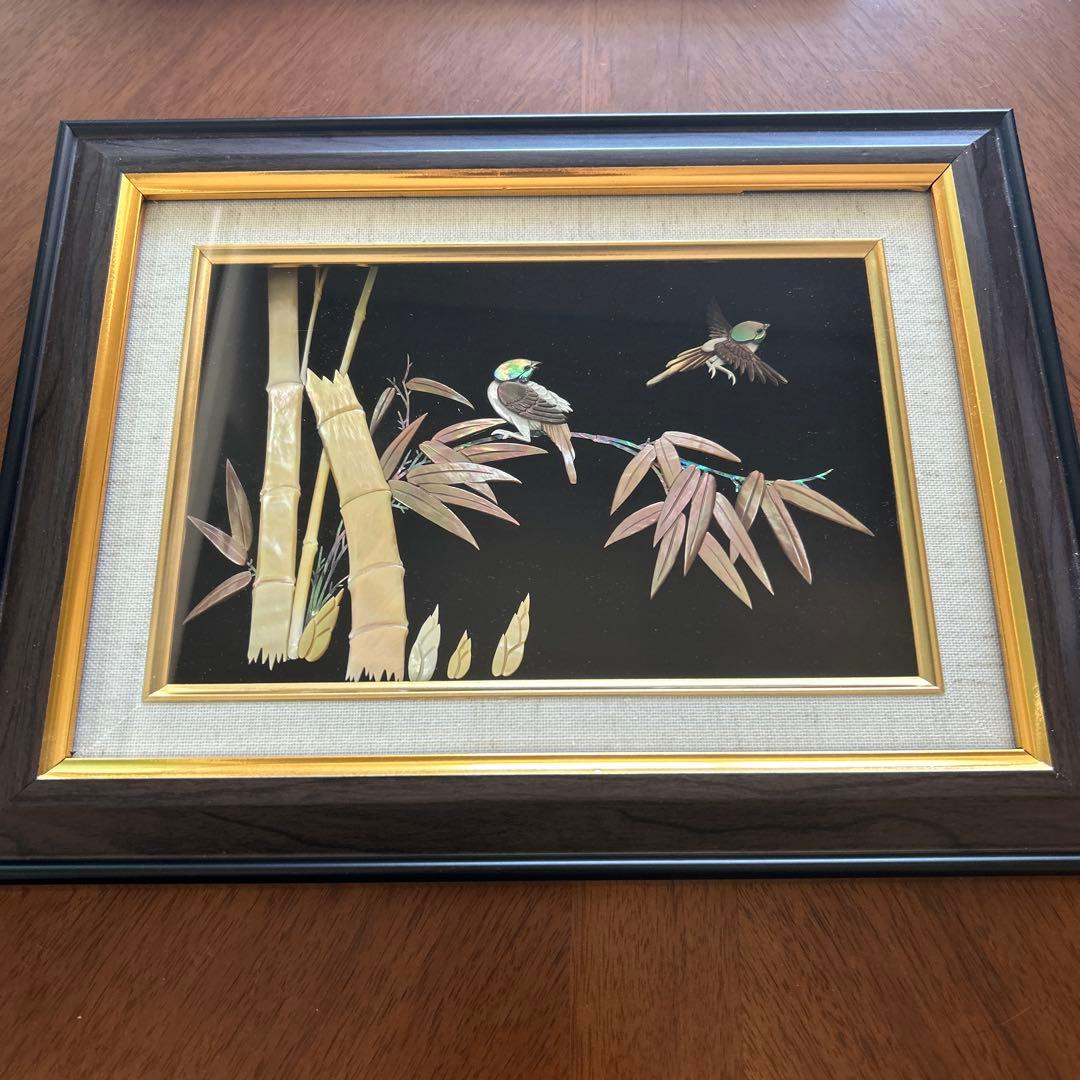 螺鈿細工　竹と鳥の装飾 フレーム付き