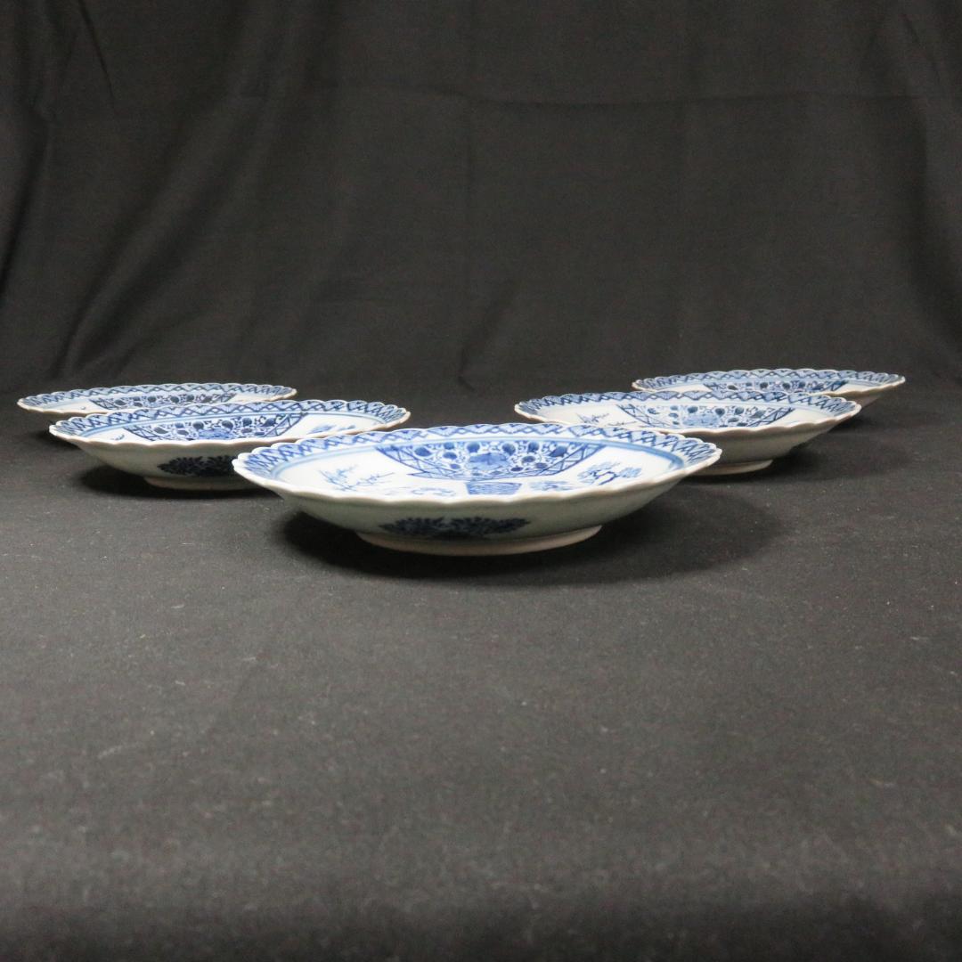 小皿 5枚 松 梅 変わり縁 輪花 印判 染付 明治 大正 - メルカリ