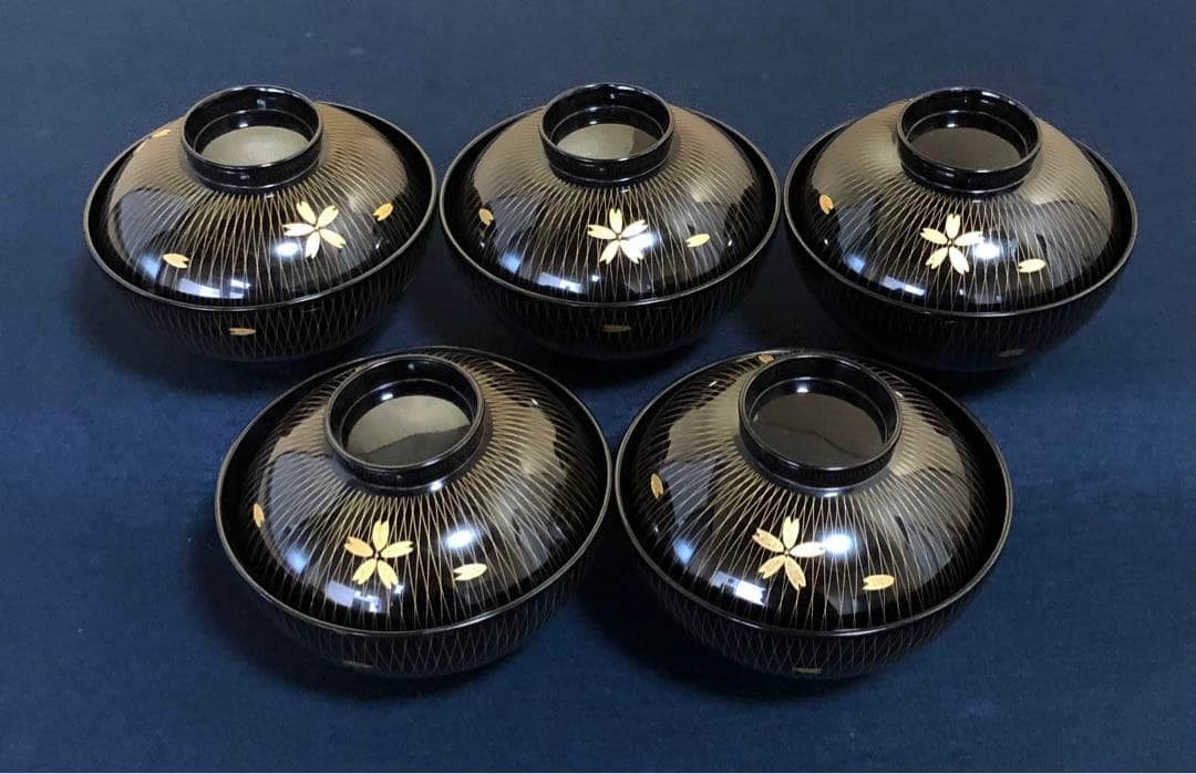 《R》輪島塗 沈金桜川 吸物椀5客 木製漆器 木箱　251218か1