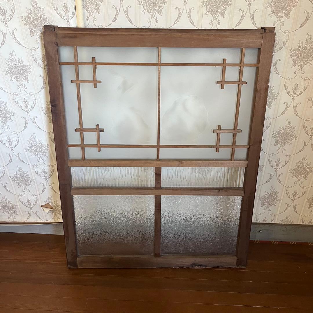 アンティーク】昭和レトロ 木製 建具 格子窓 引き戸 モールガラス 2枚