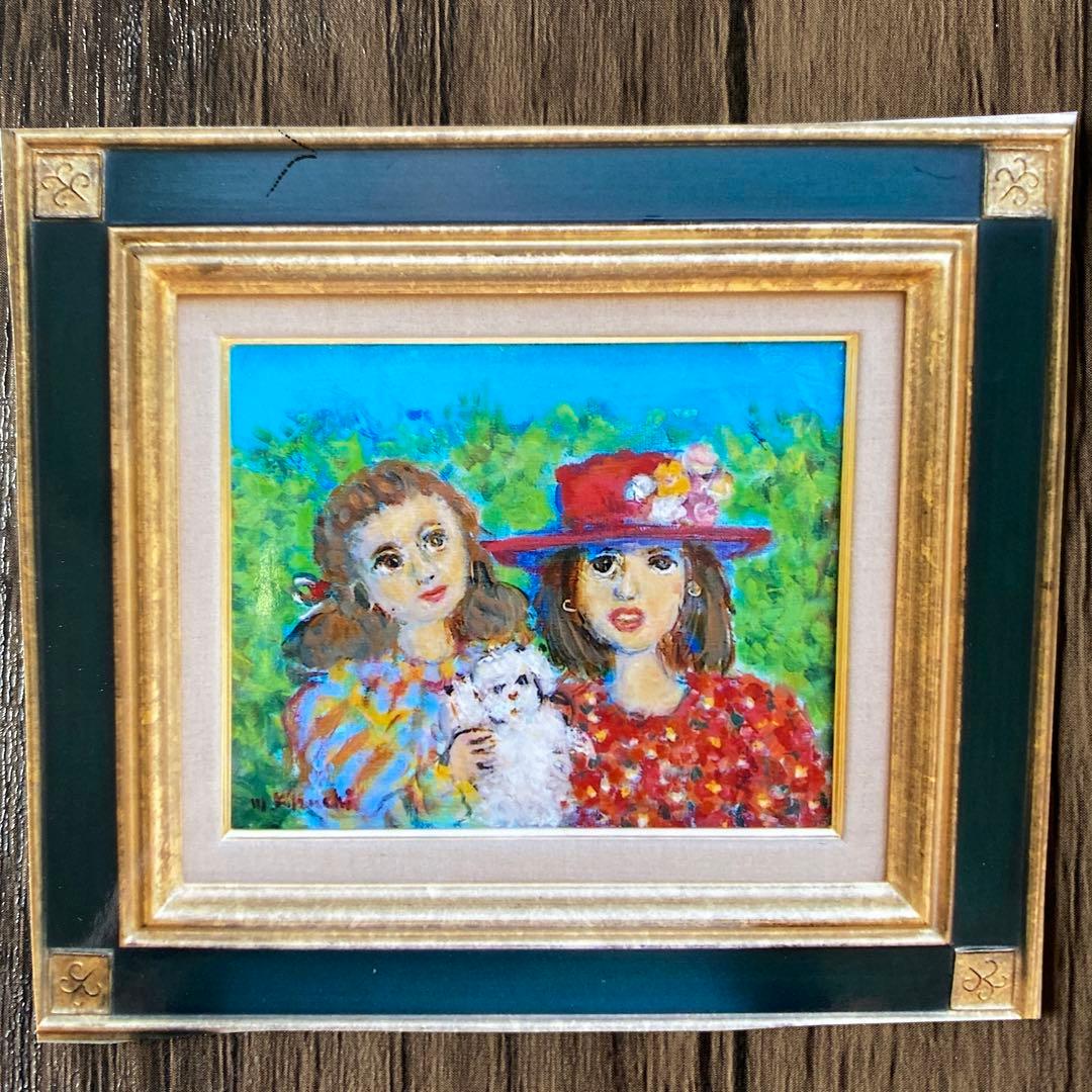 絵画　油絵　油彩画　菊地正則　F3号　「仲良し二人」美品　額付き　サイン　アート 絵画 油彩画 油絵 「ブーケを持つ少女」F6号 菊地正則 額付き 美品