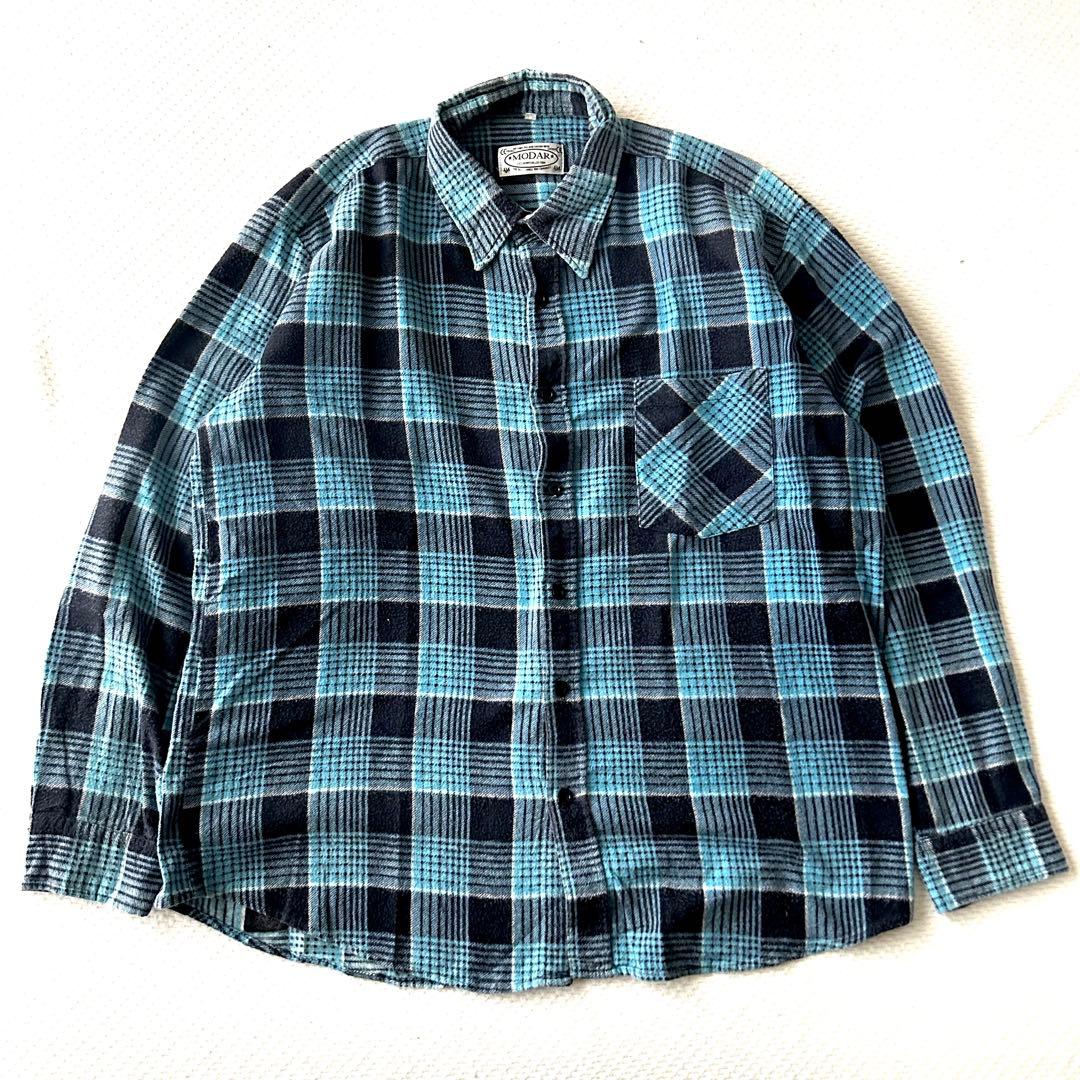 好配色　80s 90s ビンテージ　プリント　ネルシャツ　ブルー　ブラック