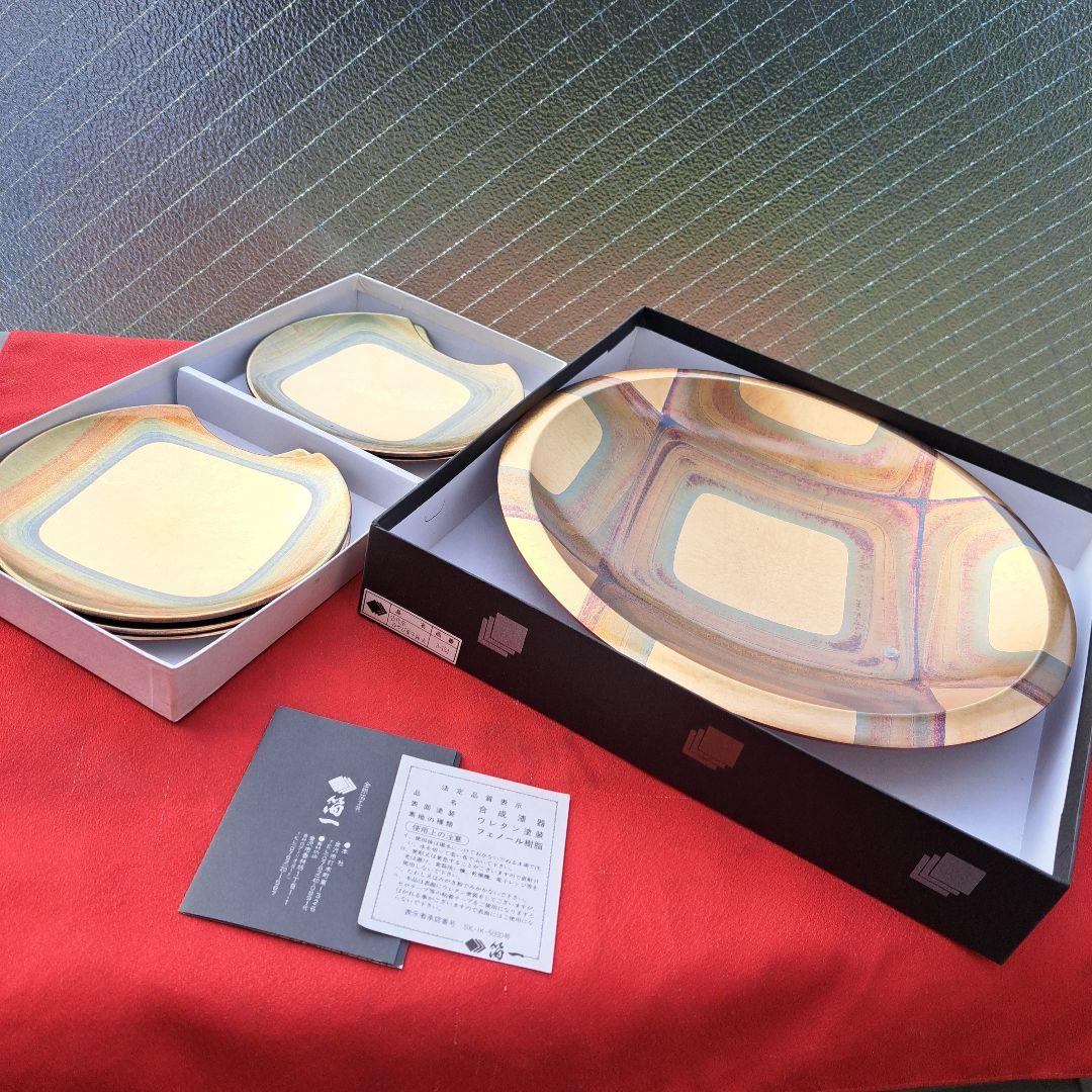 金沢金箔工芸 箔一 古代箔 菓子鉢&三ヶ月銘々皿×5客セット】合成漆器