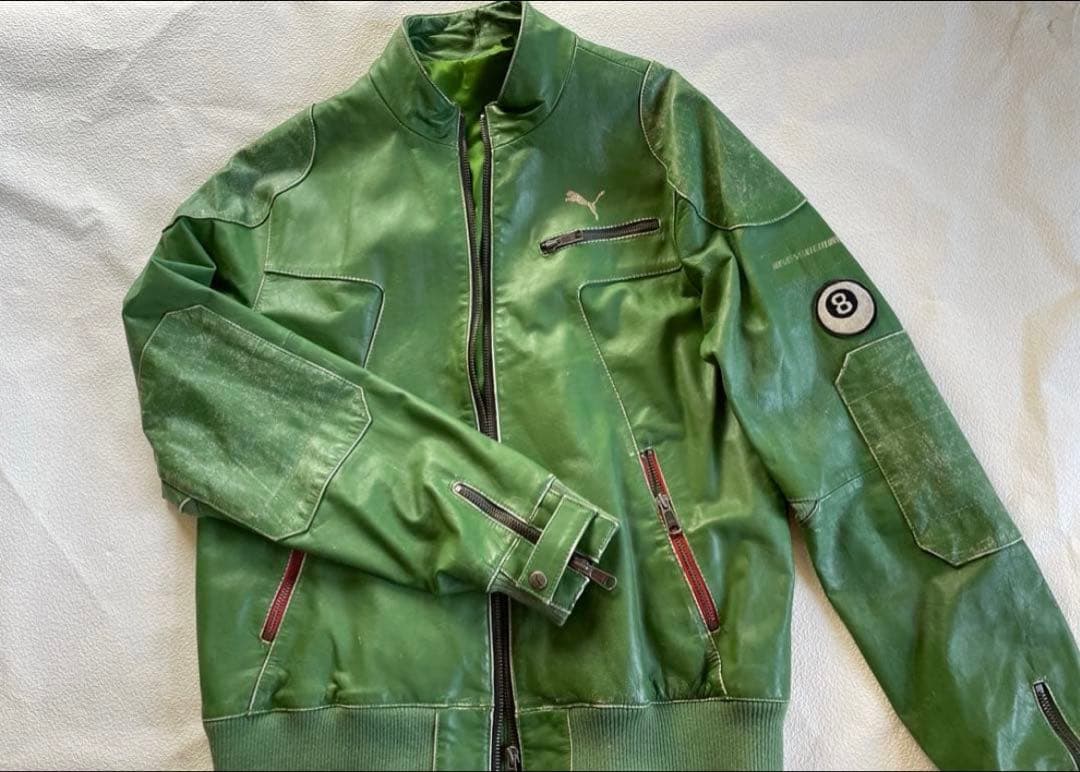 Puma グリーン シングルライダースジャケット