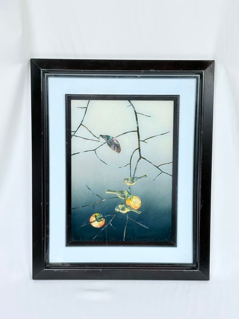 螺鈿細工 日本画 鳥 果物 柿 額装 絵画 アート アンティーク