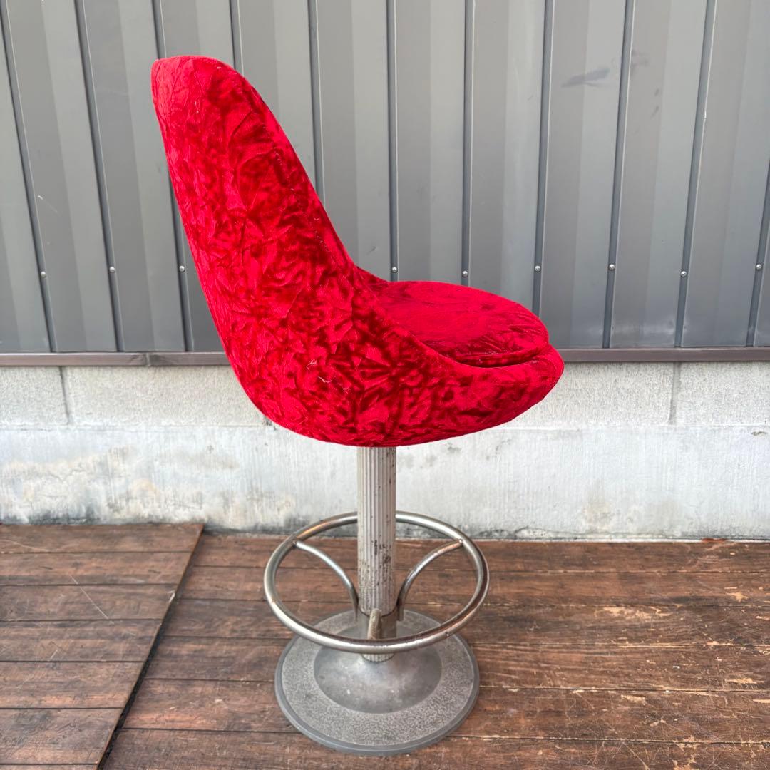 ①昭和レトロ 回転式バーチェア ベロア 赤 ビンテージ スナック椅子
