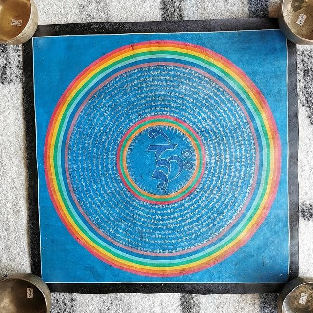 虹　レインボー　オンマニペメフム　曼荼羅　アンティーク大　：　タンカ　仏画