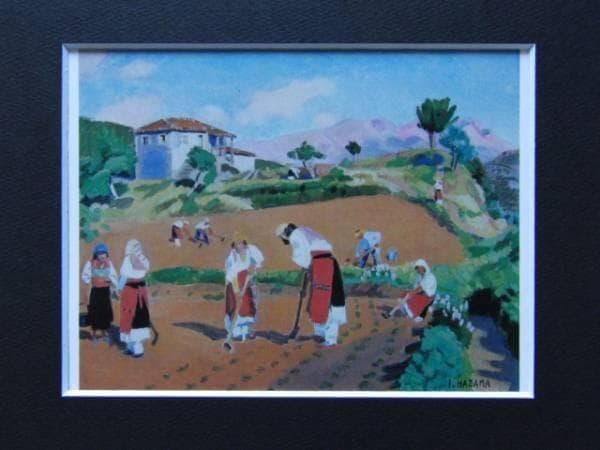 硲伊之助、煙草畑の耕作者たち、希少画集画、新品高級額、額装付