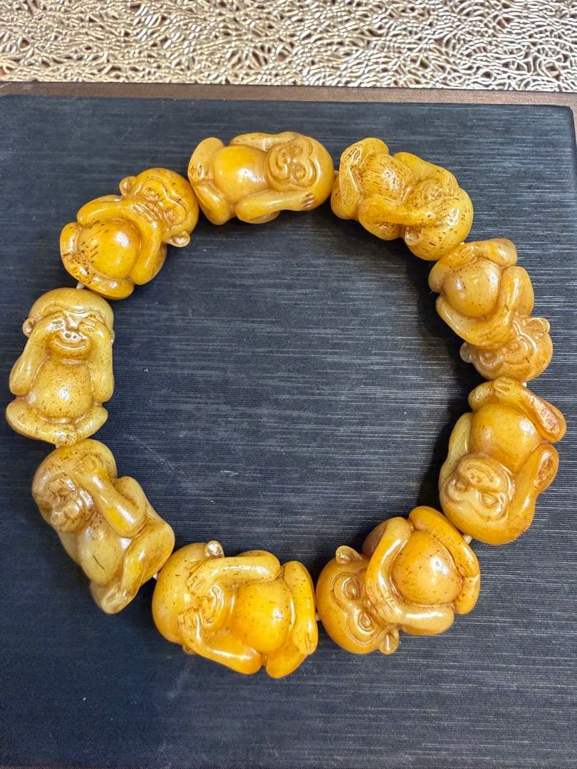 V-1065-3 文玩　天然ラクダ骨　猿彫り　ブレスレット　開運　お守り　魔除け