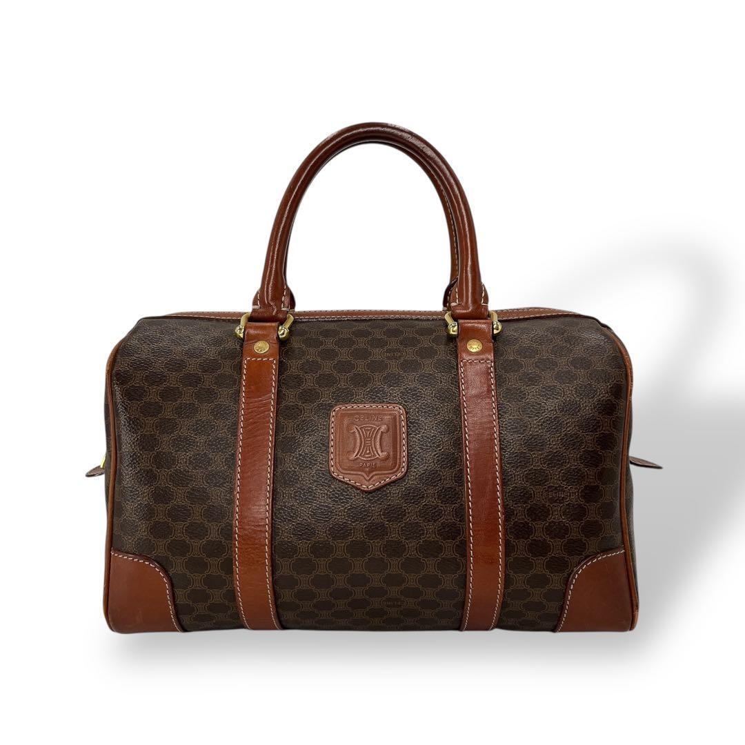 オールド　セリーヌ　マカダム柄　トリオンフ　ミニボストン　PVCレザー　ブラウン