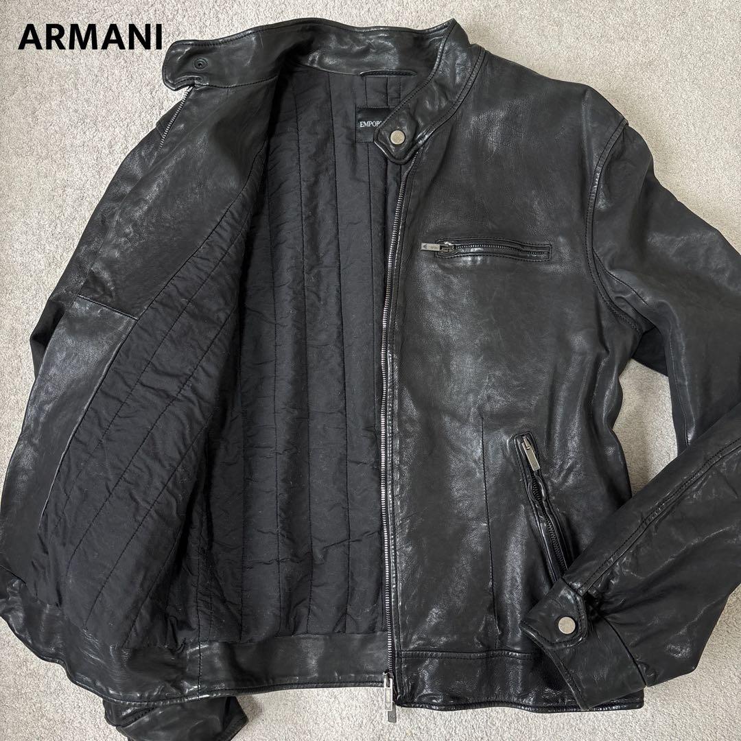 黒タグ エンポリオアルマーニ ライダース レザージャケット 本革 48 なめし革 EMPORIO ARMANI】エンポリオアルマーニ『レザーライダースジャケット