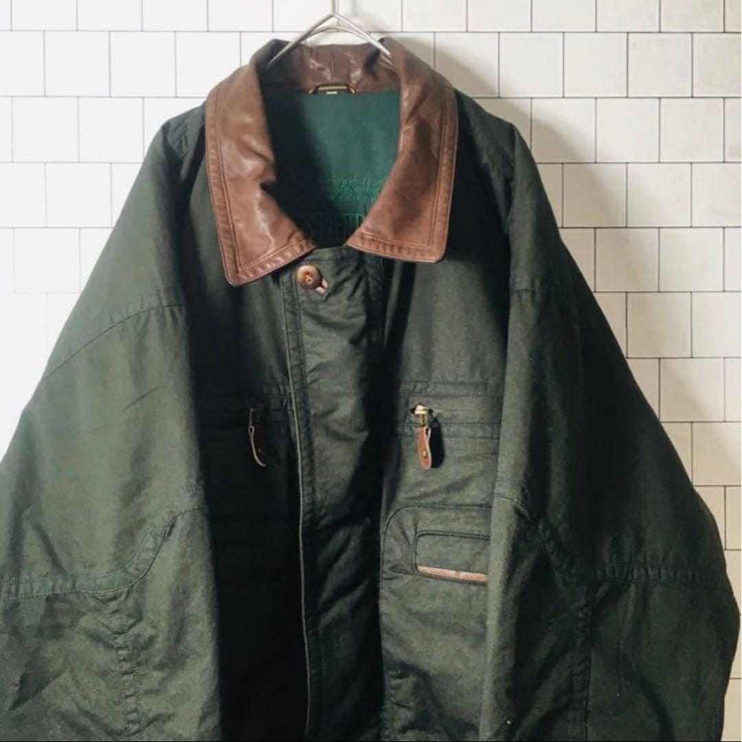 ヴィンテージジャケット　牛革　襟切替　中綿　深緑　モード　太アーム　刺繍　古着 古着 90s Wilson 比翼 スタンドカラー 本革 レザー ジャケット ボア