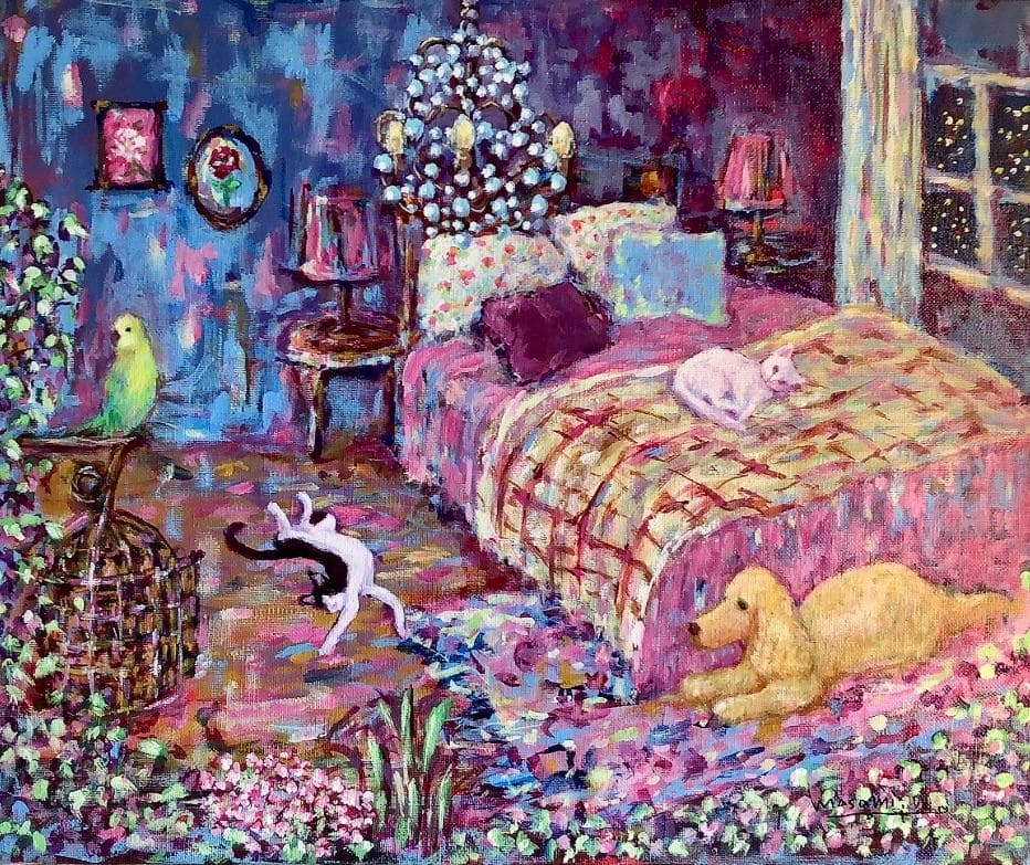 「猫とインコとイングリッシュコッカーのいる寝室」 アクリル画 原画 F8