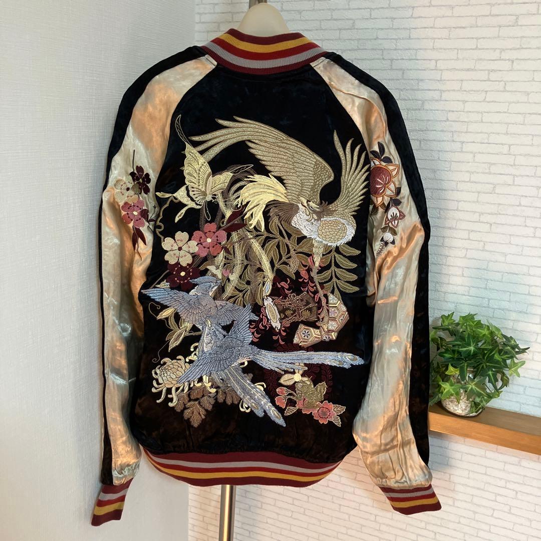 雅結　スカジャン　リバーシブル　レーヨン　刺繍　プリント　和柄　鳳凰　蝶　燕　蛙