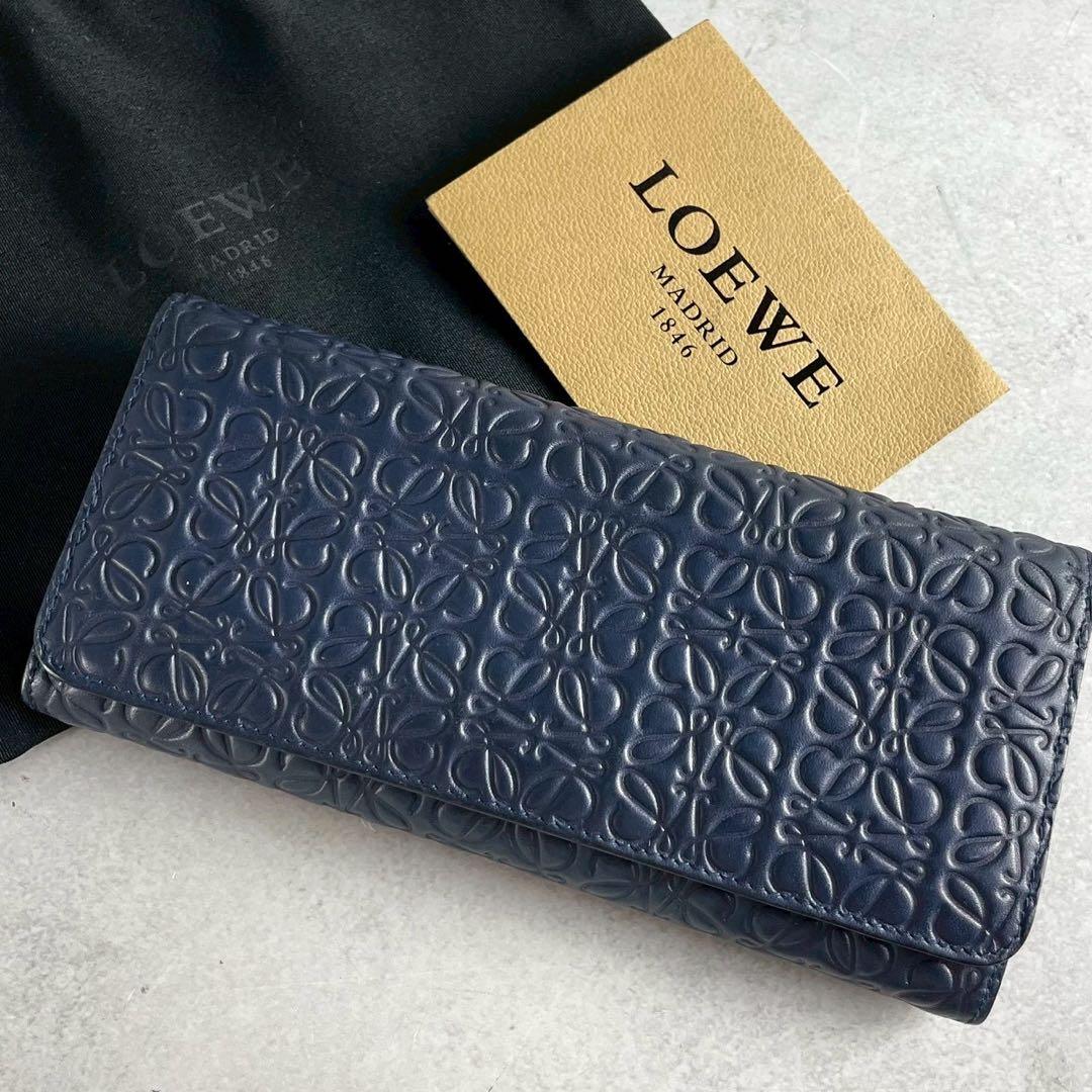 【美品】ロエベ 長財布 リピート アナグラム 型押し 総柄 レザー ロゴ 紺色