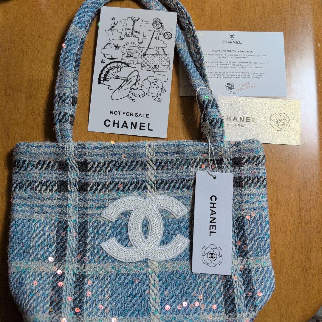 CHANELシャネル ココマークツイードスパンコール トートバッグ ブルー