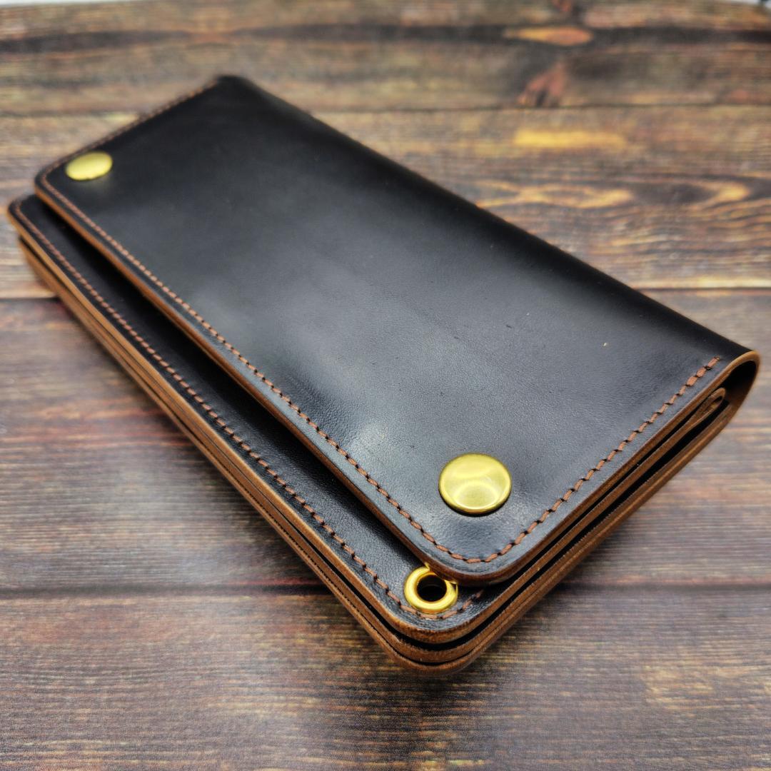 ロングトラッカーウォレット ホースバット ハンドメイド 本革 茶芯ブラック