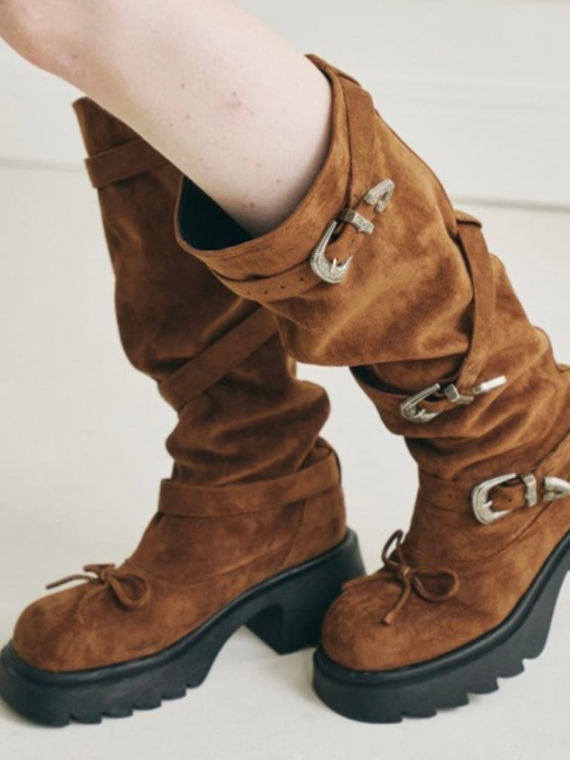 idem ブラウン スエード ロングブーツ 厚底