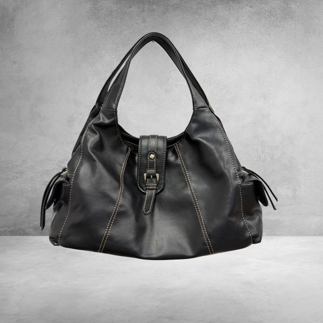 Y2K レトロ 00s ステッチ レザー ショルダーバッグ ハンドバッグ 黒