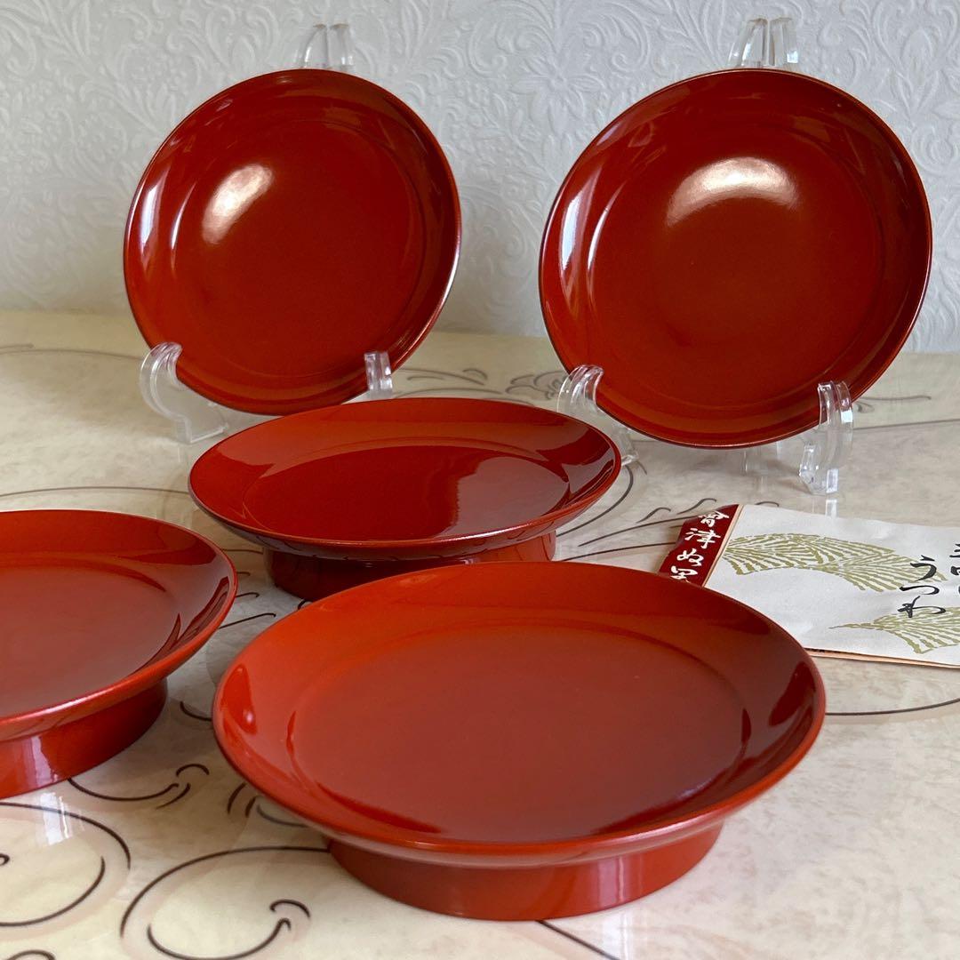 会津塗 椿皿 5枚セット 漆塗り 高台皿 朱 銘々皿 茶道具 漆器 中皿 和