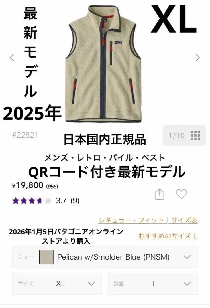 パタゴニア　メンズ・レトロ・パイル・ベスト　XL QRコード付き最新モデル