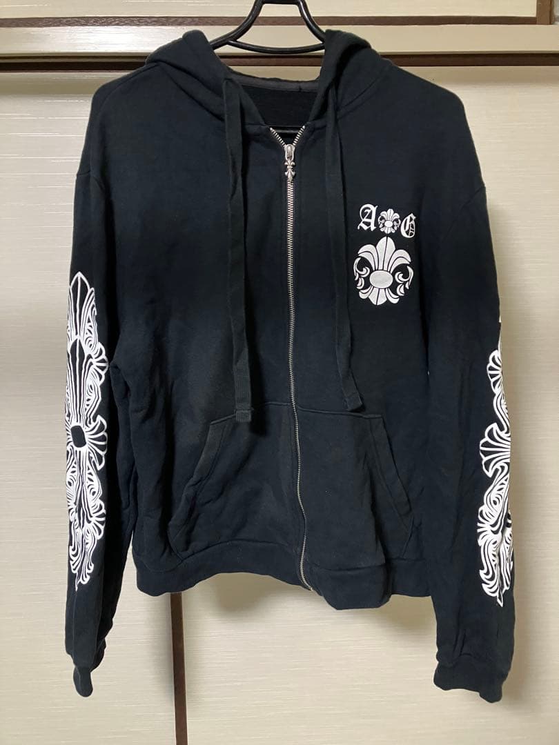 A&Gブラック パーカー　スカル　フローラル チェスト＆バック&アームプリント