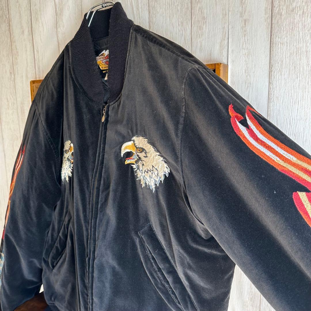ハーレーダビッドソンスカジャン 別珍 ベロア 刺繍 イーグル 国旗 黒 L