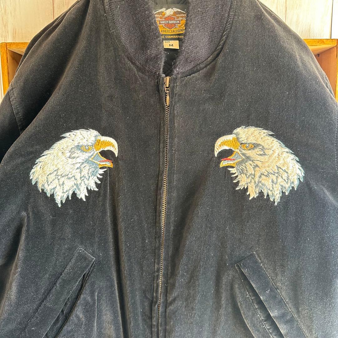 ハーレーダビッドソンスカジャン 別珍 ベロア 刺繍 イーグル 国旗 黒 L