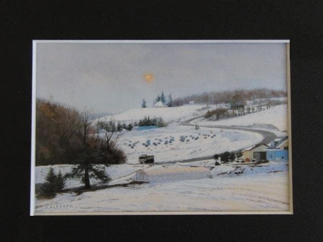 菊池潤子、【雪の丘】、希少な額装用画集画、新品高級額 額装付、状態良好