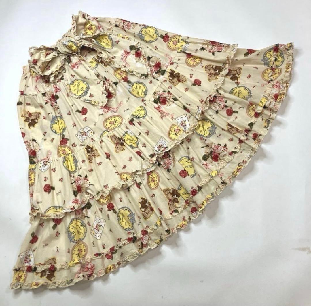 【試着のみ】ピンクハウス 生成 くまちゃんとバラ柄 サッシュリボン付きスカート