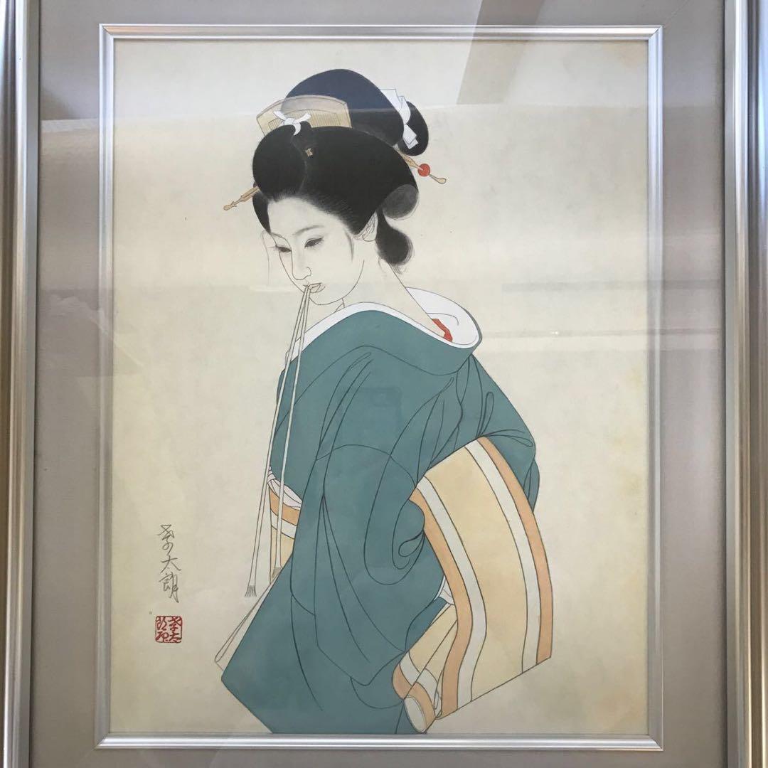 真作保証 直木孝太郎 着物の女性 F6号 直筆 肉筆 美人画 ガラス 日本画