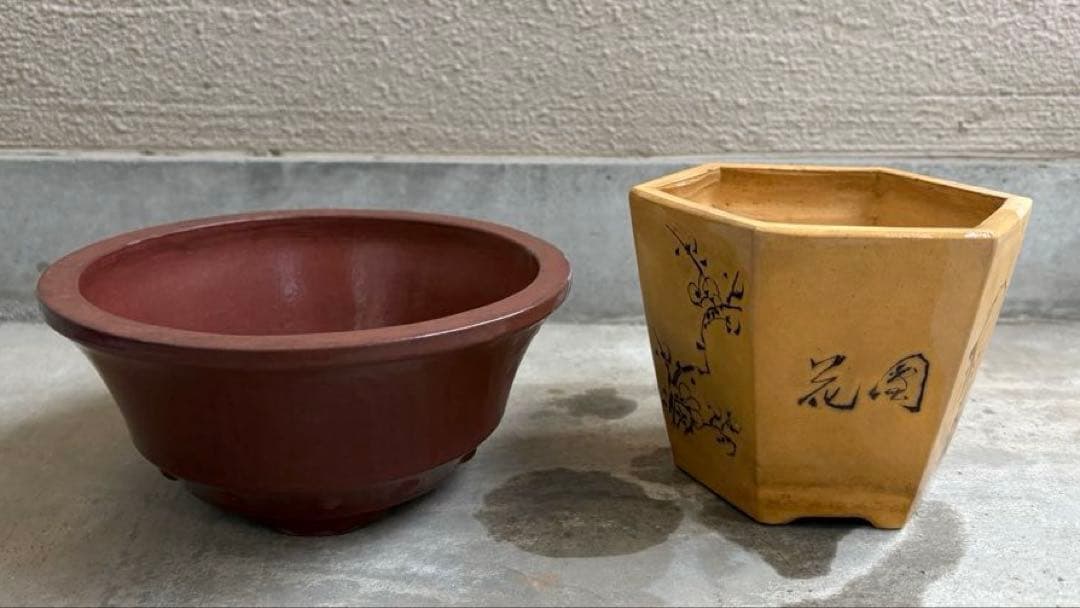 中国鉢2点セット！　刻印入りと針彫りの支那鉢　盆栽