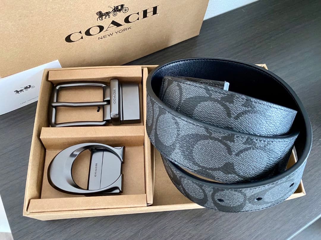 SALE♪コーチ 新品 リバーシブルベルト シグネチャー ガンメタバックル
