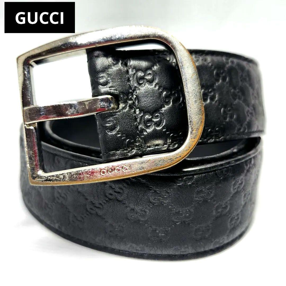 グッチ GUCCI レザー ベルト GG柄 シルバー バックル メンズ 黒 本革