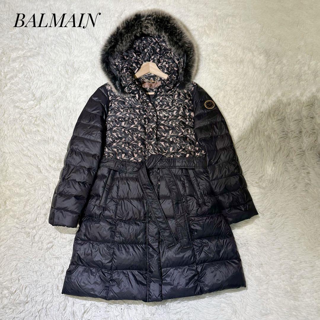 4WAY BALMAINバルマン ダウンロングコート カモフラ ブルーフォックス