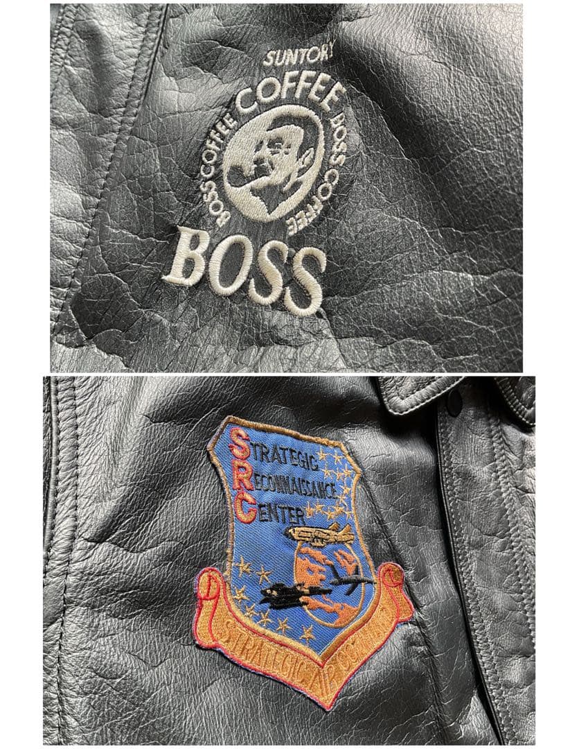 90's✨サントリー BOSS レザージャケット 牛革 ワッペン L ブラック